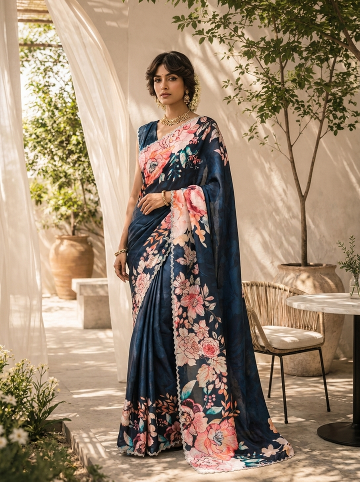 Navy Blue Heavy  Floral Printed Satin Saree