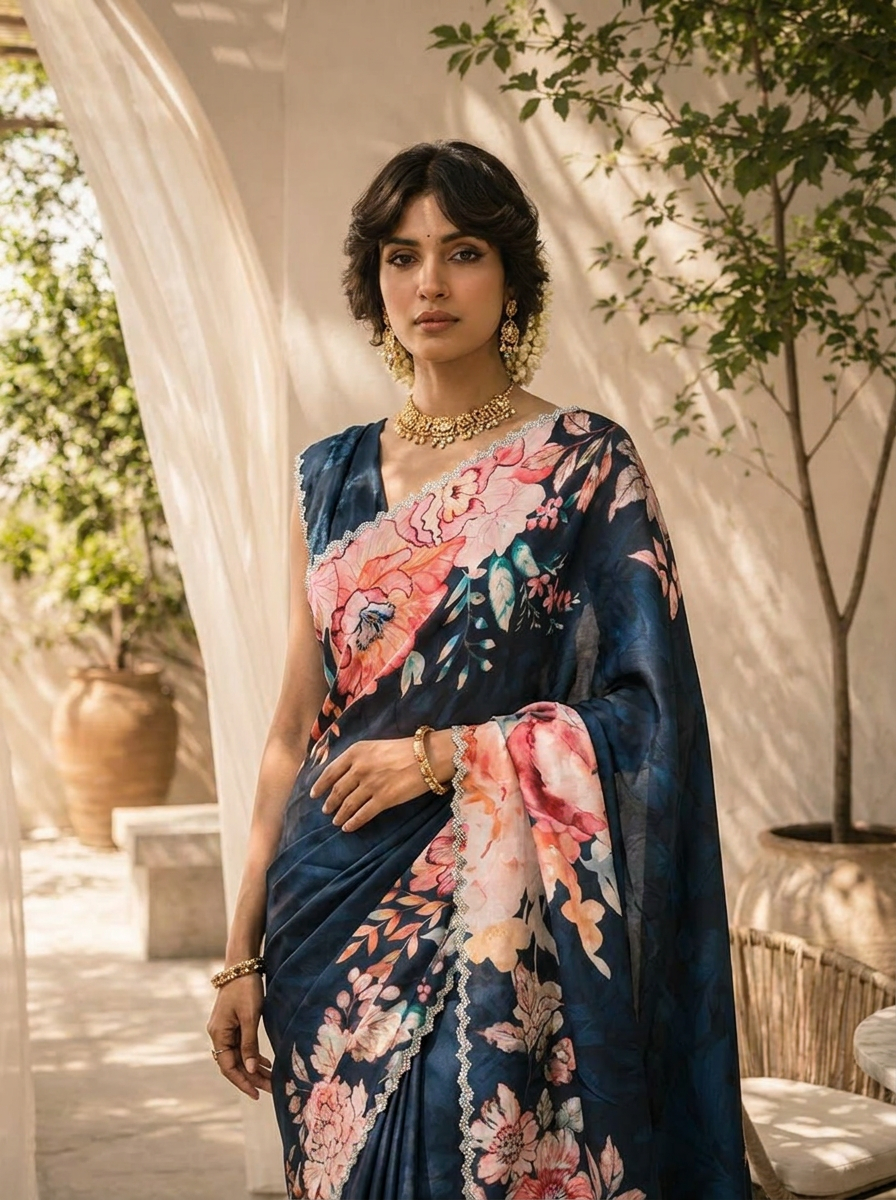 Navy Blue Heavy  Floral Printed Satin Saree