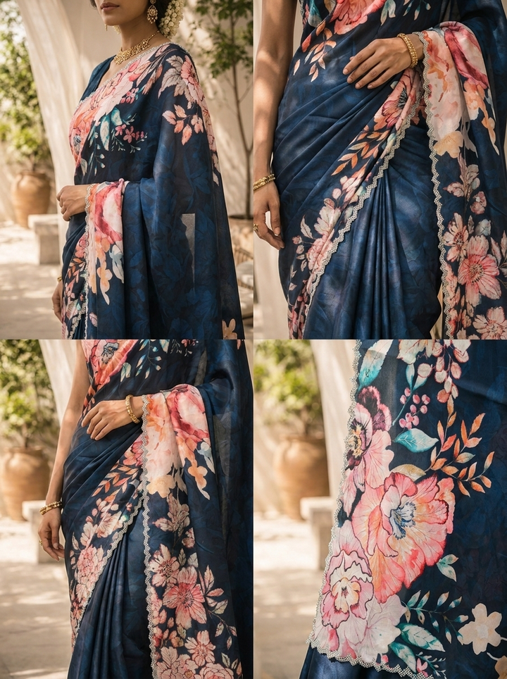 Navy Blue Heavy  Floral Printed Satin Saree