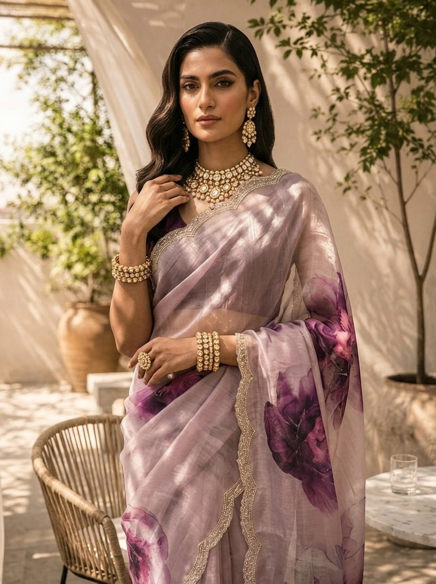 Lilac Floral Printed Soft Organza Saree with Designer Border