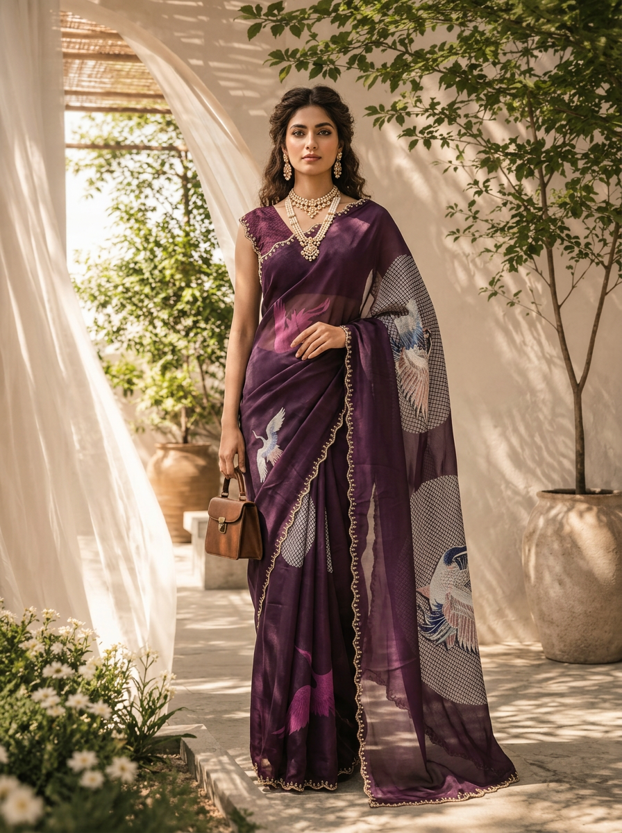 Purple Printed And Beads Embroidery Satin Saree