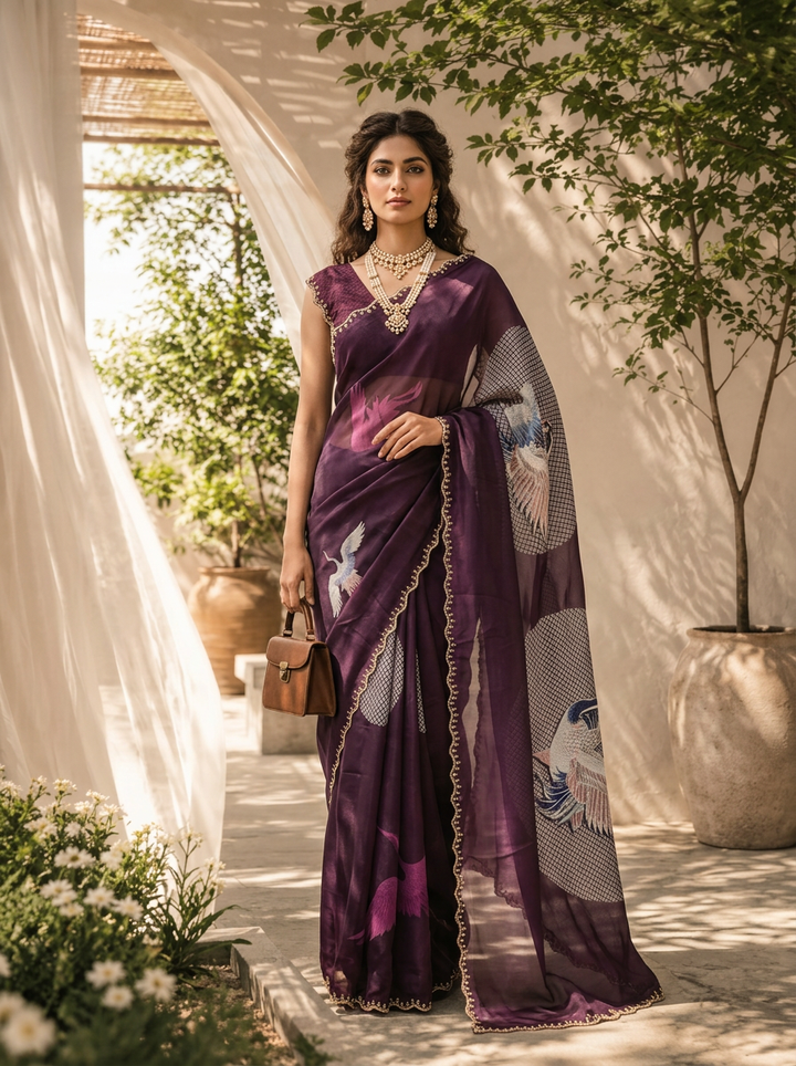 Purple Printed And Beads Embroidery Satin Saree