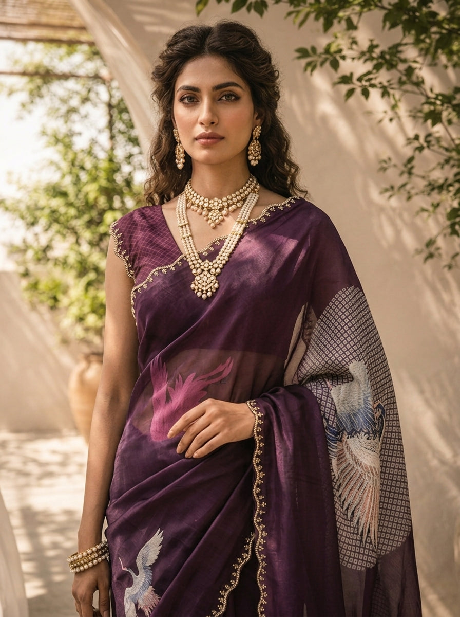 Purple Printed And Beads Embroidery Satin Saree
