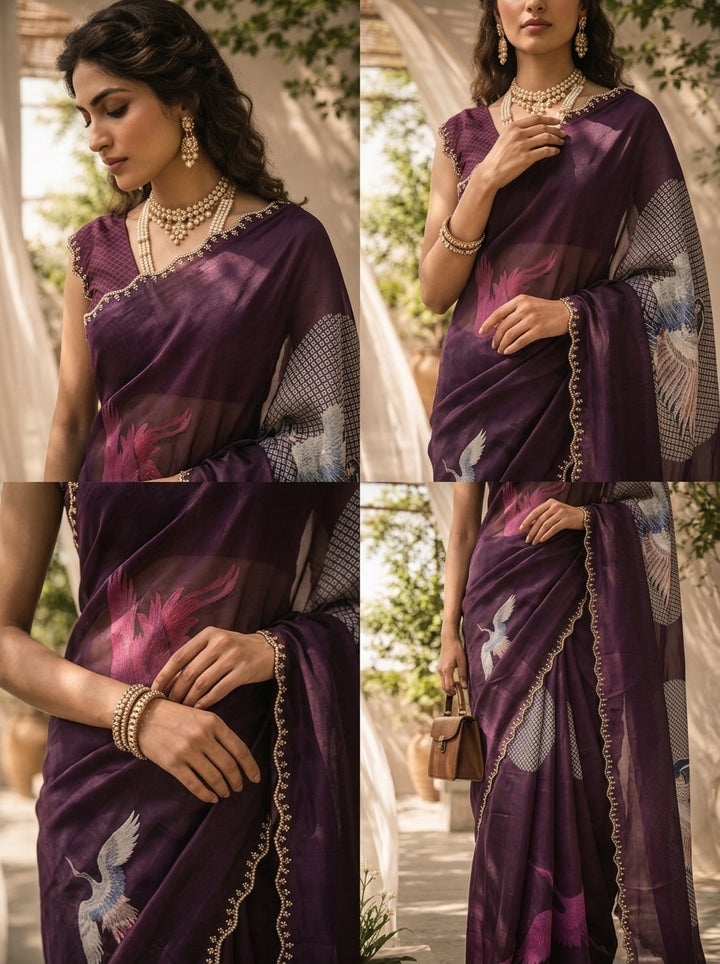 Purple Printed And Beads Embroidery Satin Saree