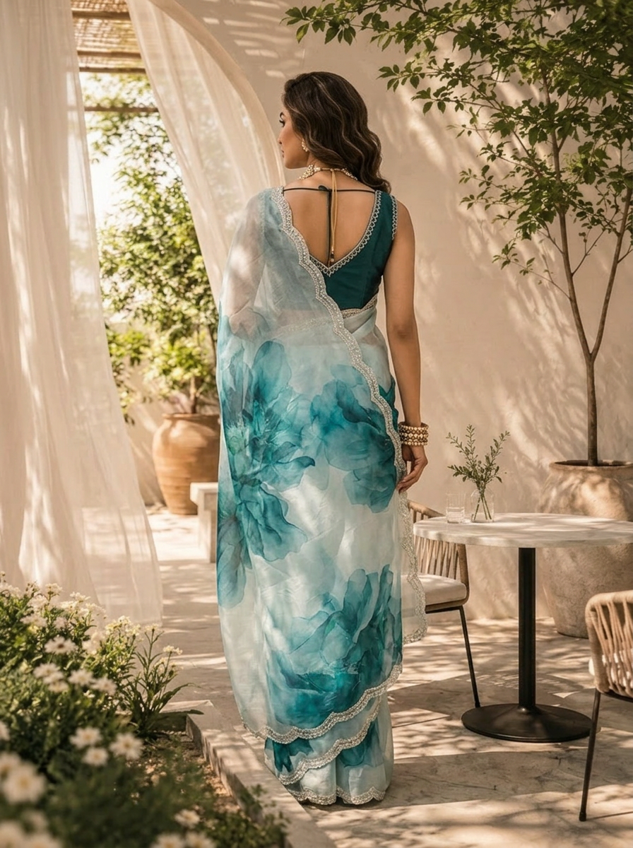 Sea Blue Floral Printed Soft Organza Saree with Designer Border