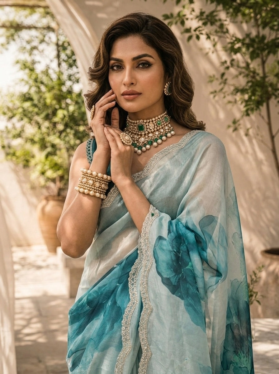 Sea Blue Floral Printed Soft Organza Saree with Designer Border