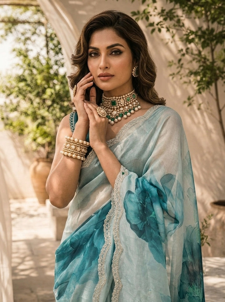 Sea Blue Floral Printed Soft Organza Saree with Designer Border
