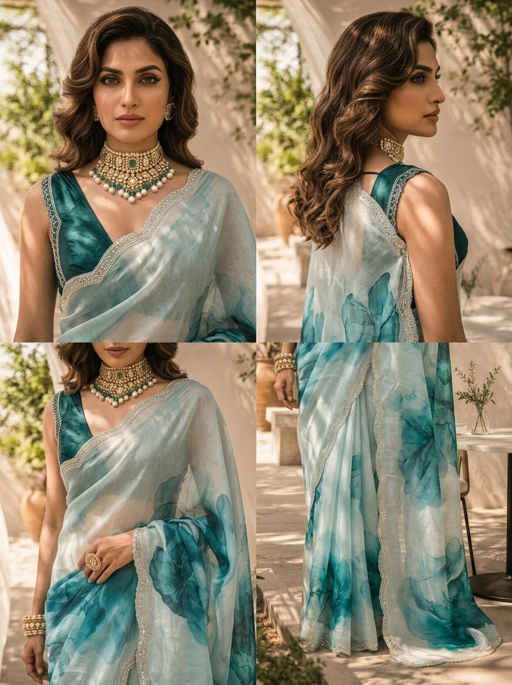 Sea Blue Floral Printed Soft Organza Saree with Designer Border