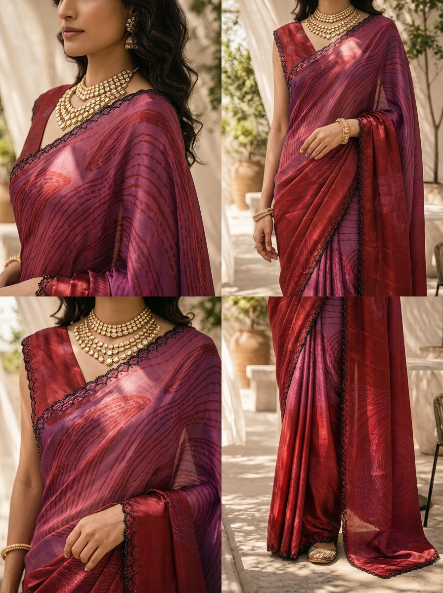 Maroon Printed Crepe Saree With Beads Embroidered Border