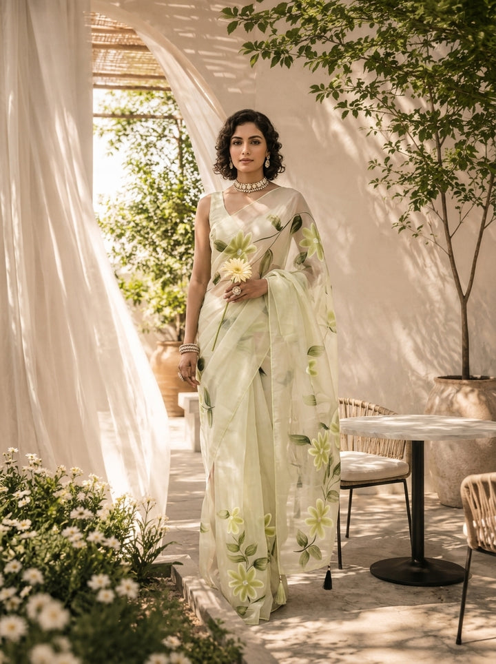 Pista Green Floral Printed Silk Saree