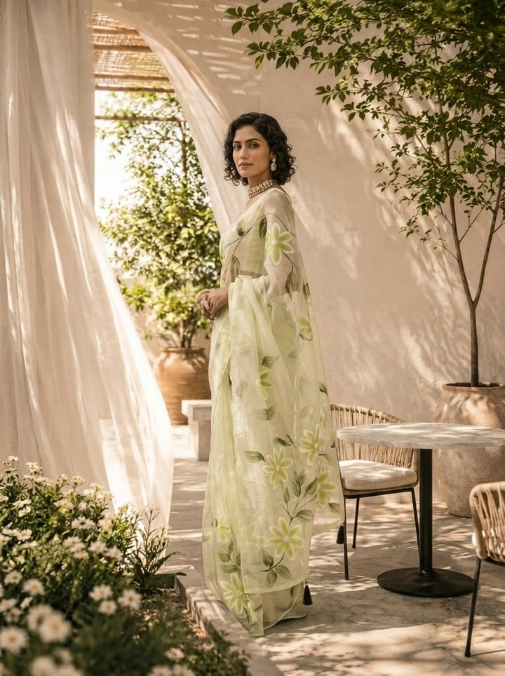 Pista Green Floral Printed Silk Saree