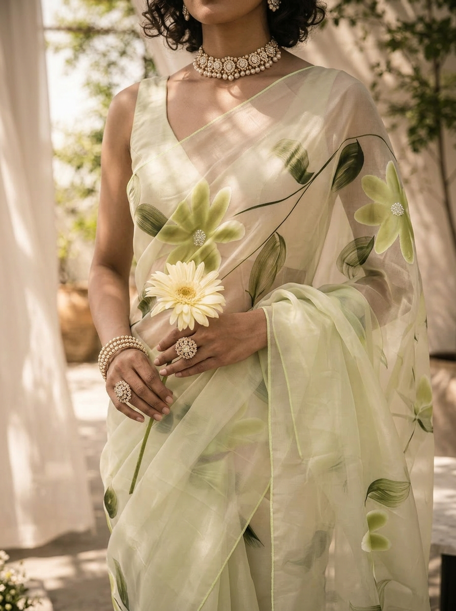 Pista Green Floral Printed Silk Saree