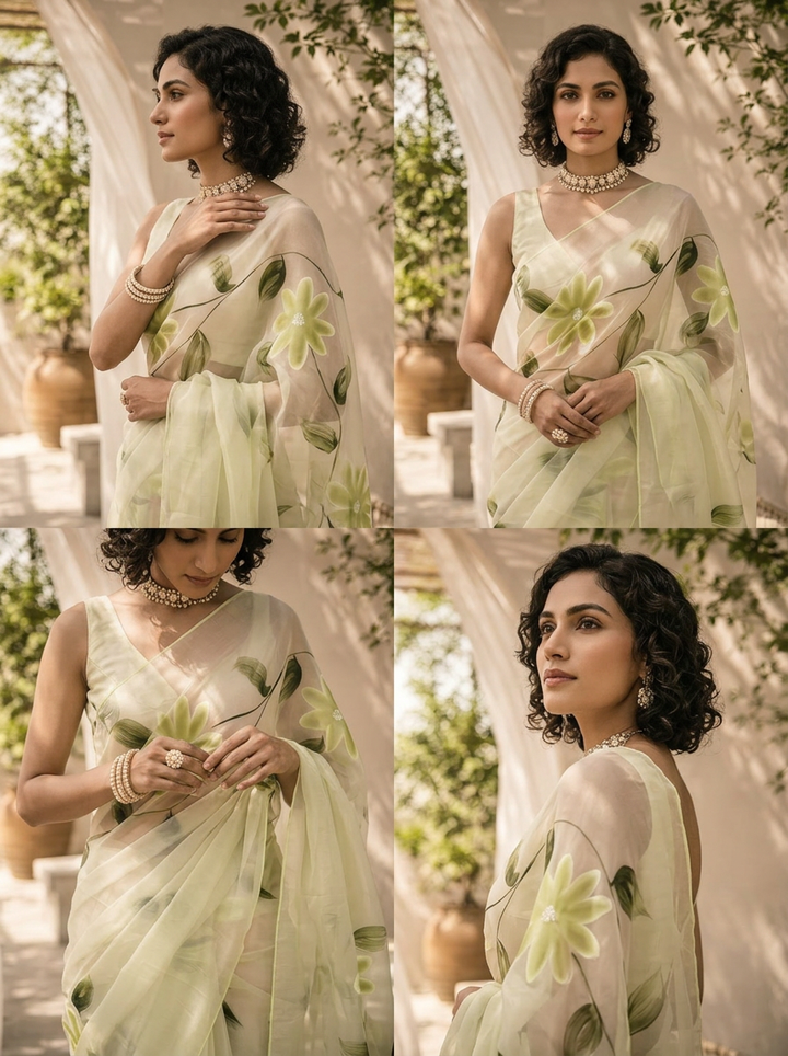 Pista Green Floral Printed Silk Saree
