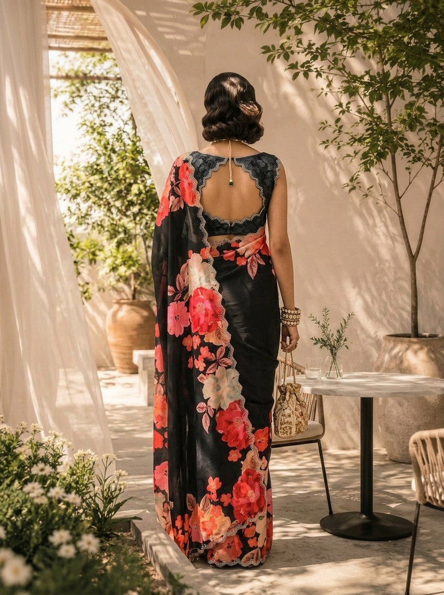 Black Heavy Floral Printed Satin Saree