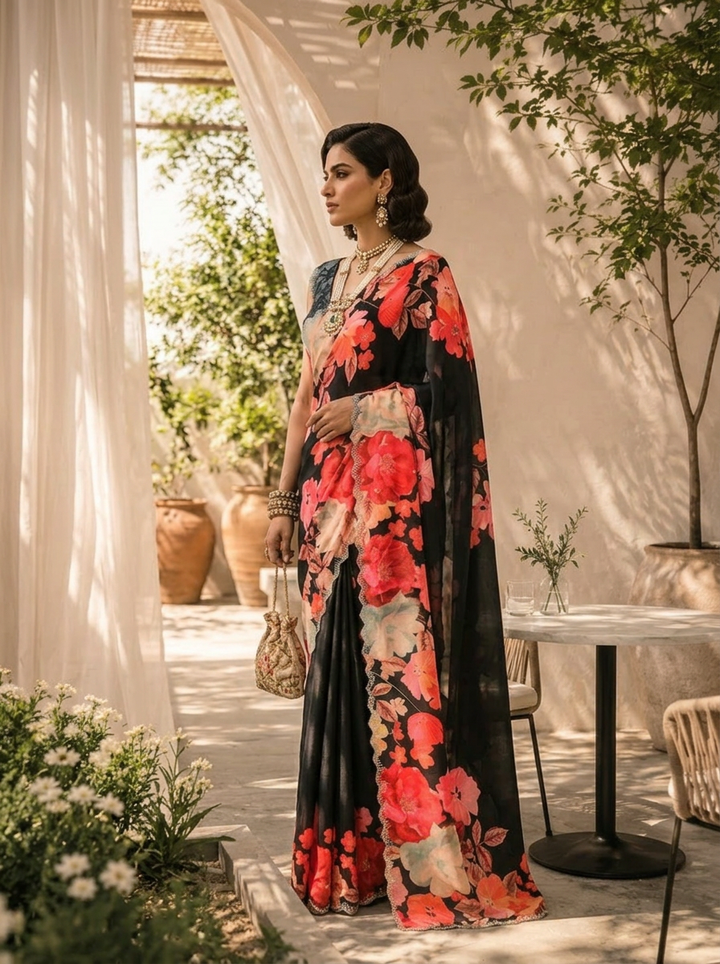 Black Heavy Floral Printed Satin Saree