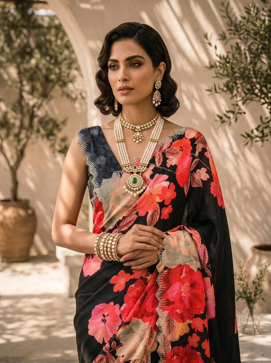 Black Heavy Floral Printed Satin Saree