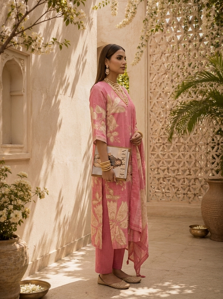 Rose Pink Floral Printed And Hand Embroidery Linen Three Piece Set