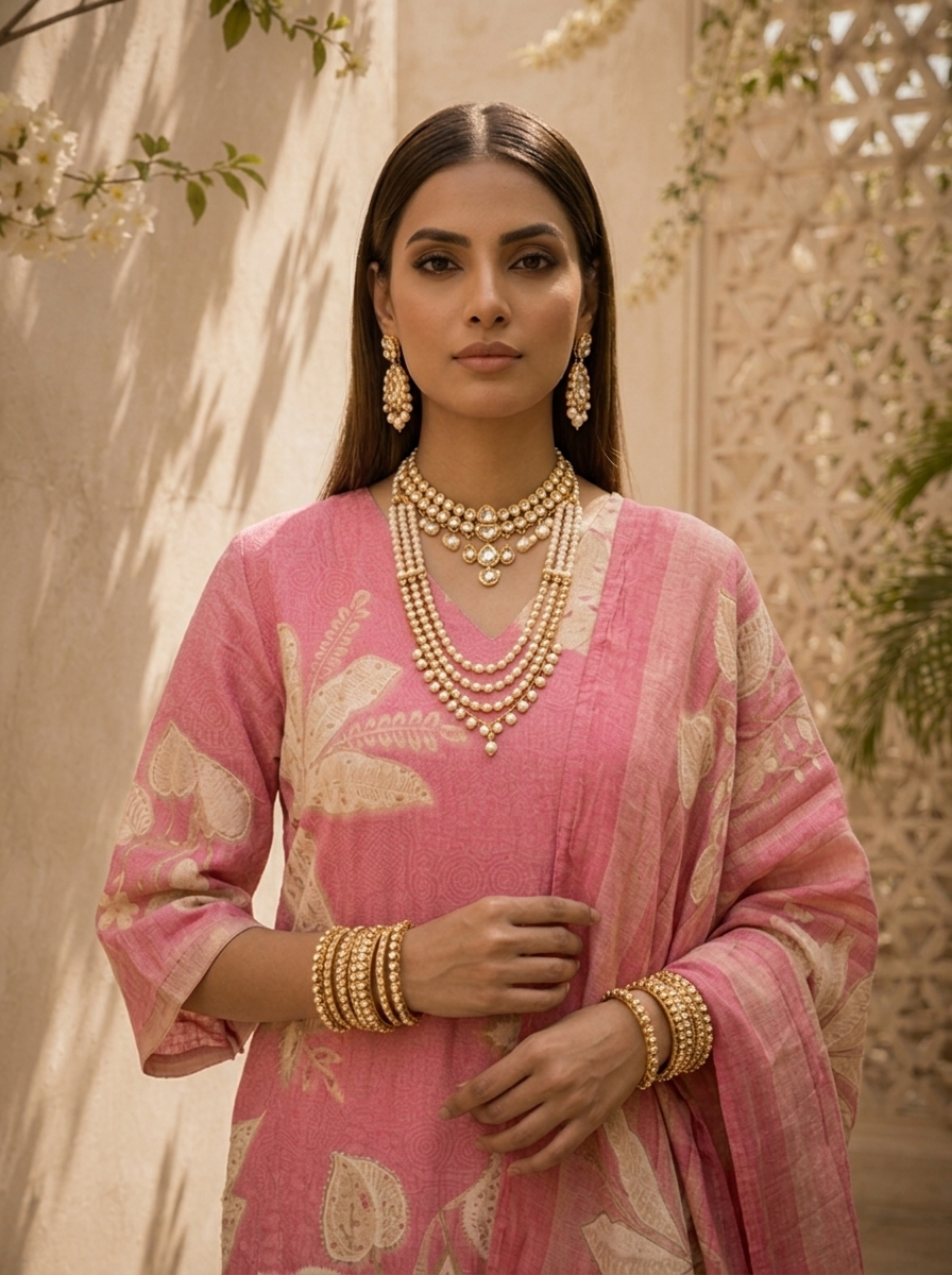 Rose Pink Floral Printed And Hand Embroidery Linen Three Piece Set