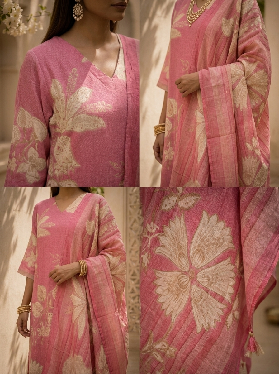 Rose Pink Floral Printed And Hand Embroidery Linen Three Piece Set