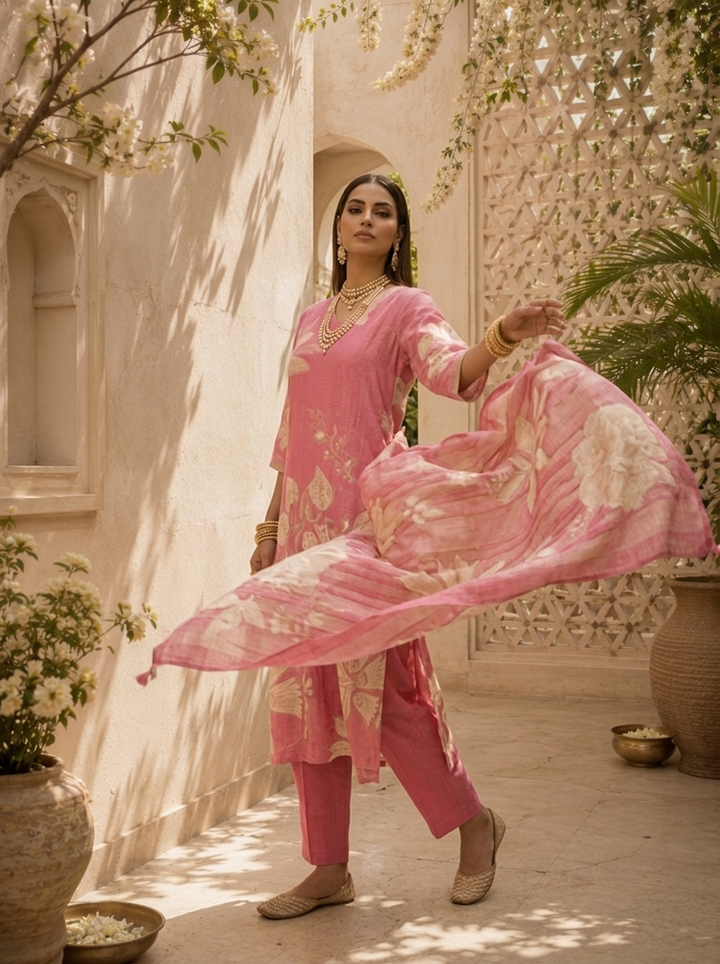 Rose Pink Floral Printed And Hand Embroidery Linen Three Piece Set