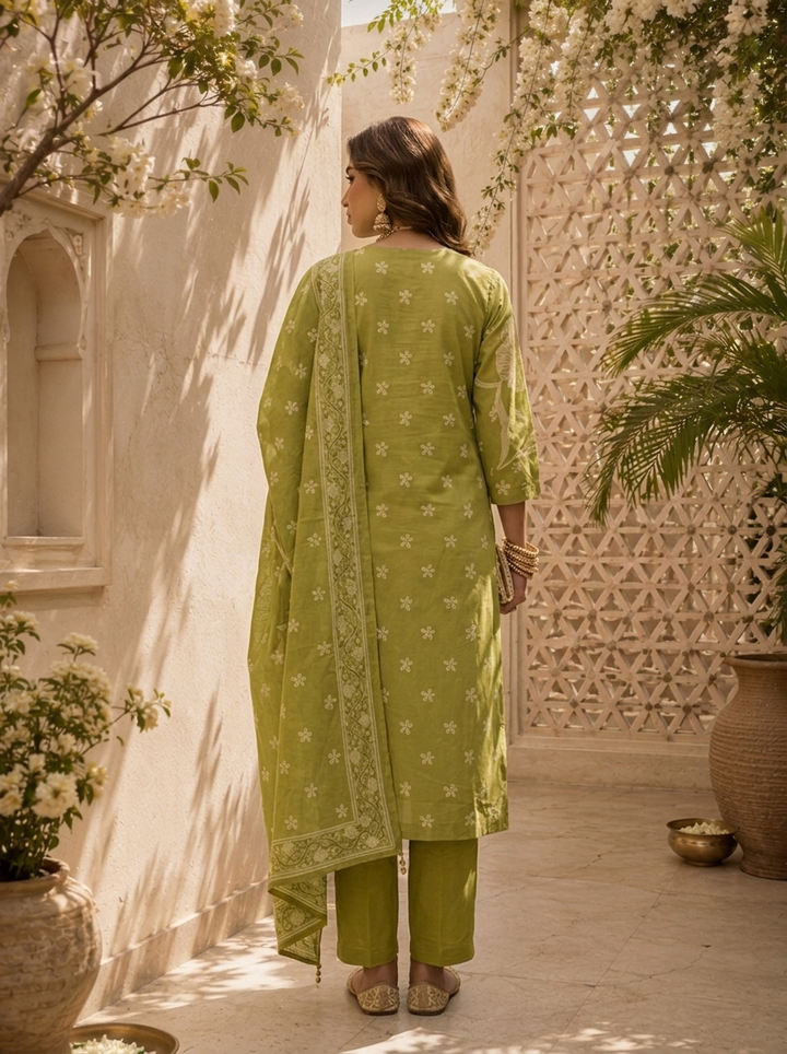 Mehadi Green Floral Printed Cotton Three Piece Set