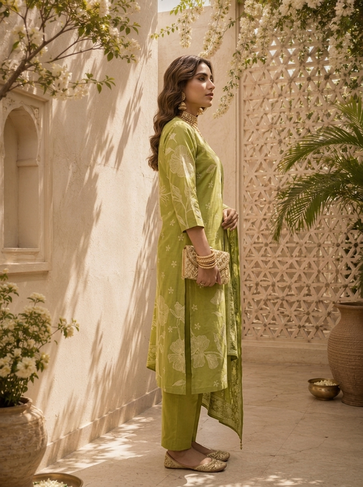 Mehadi Green Floral Printed Cotton Three Piece Set