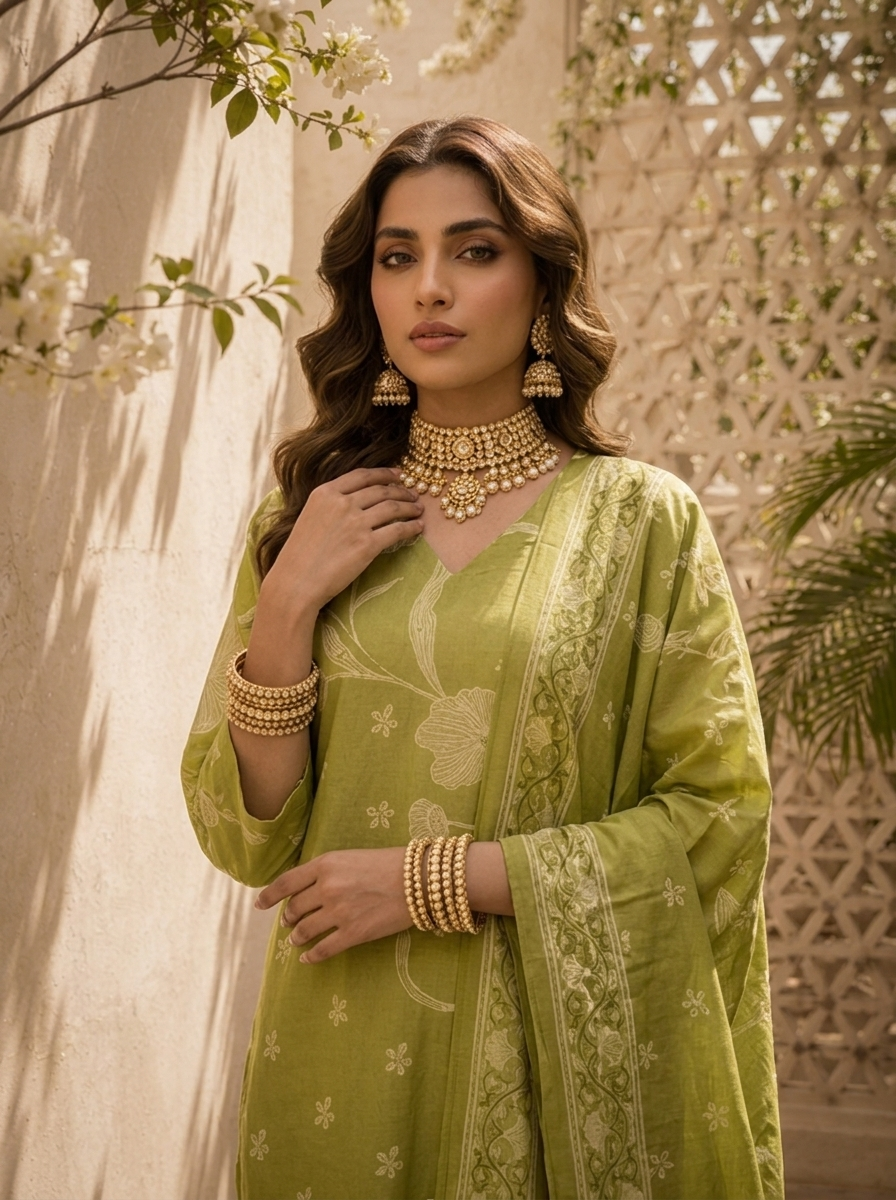Mehadi Green Floral Printed Cotton Three Piece Set
