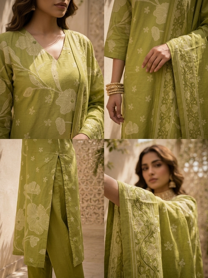Mehadi Green Floral Printed Cotton Three Piece Set