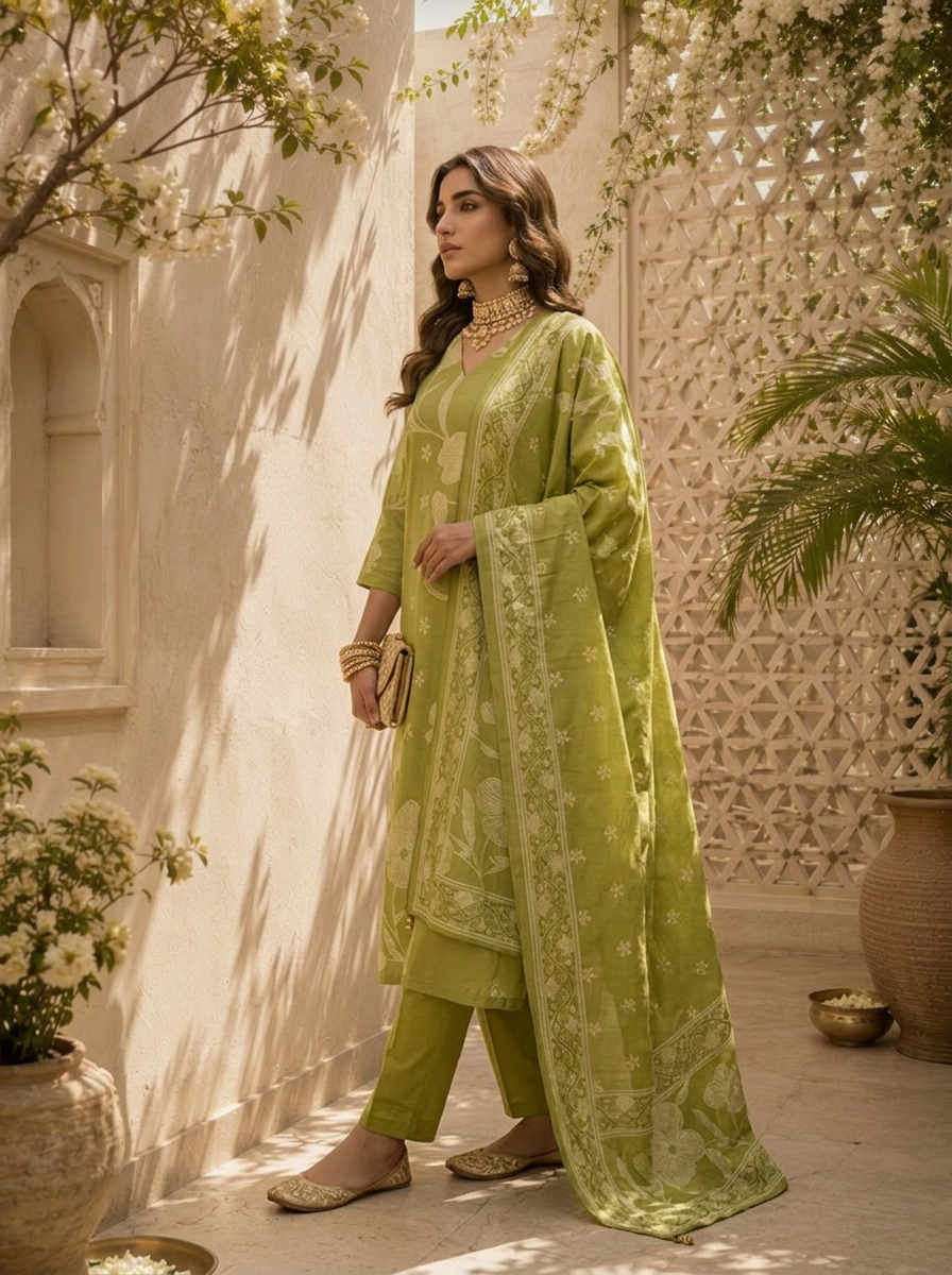 Mehadi Green Floral Printed Cotton Three Piece Set