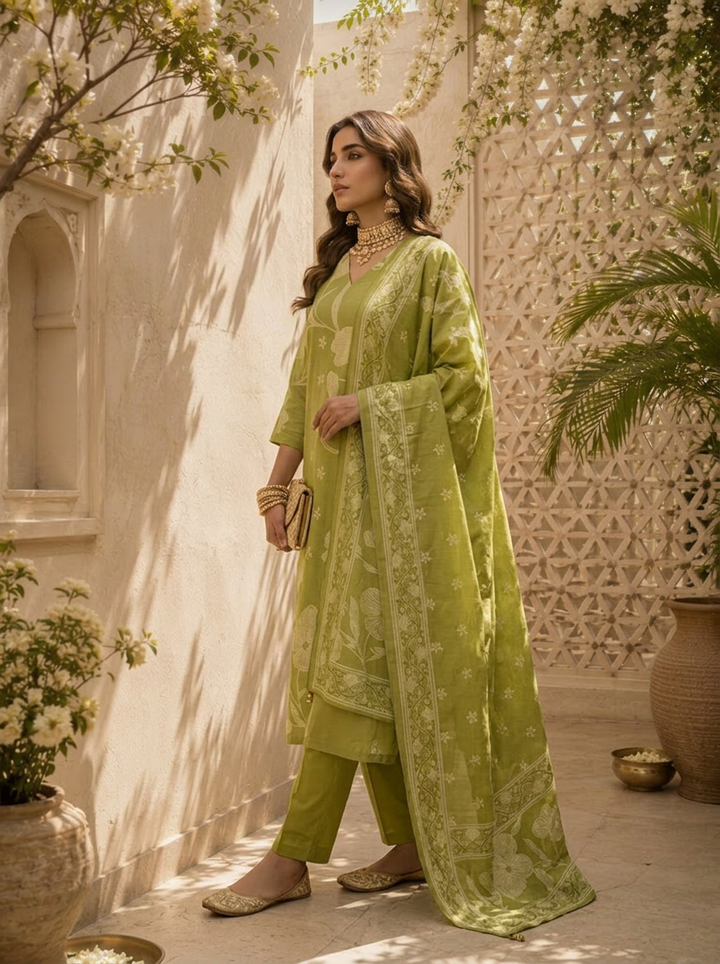 Mehadi Green Floral Printed Cotton Three Piece Set