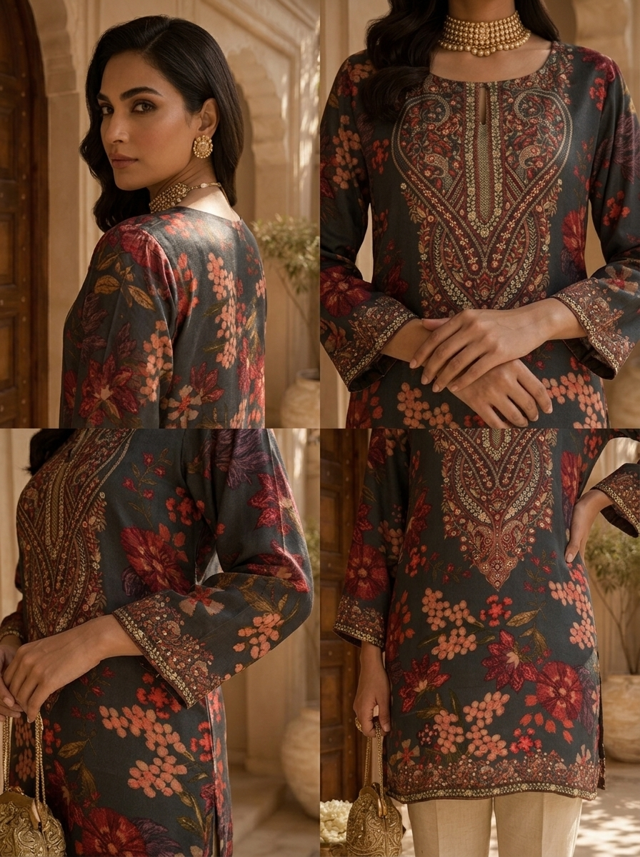 Brown Paisley And Floral Printed Crepe Kurti