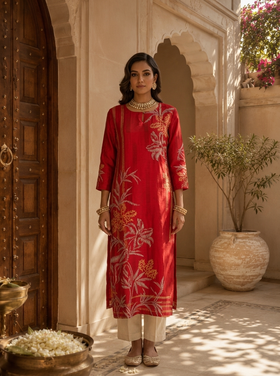 Red Floral and Stripe Design Silk Straight Kurta