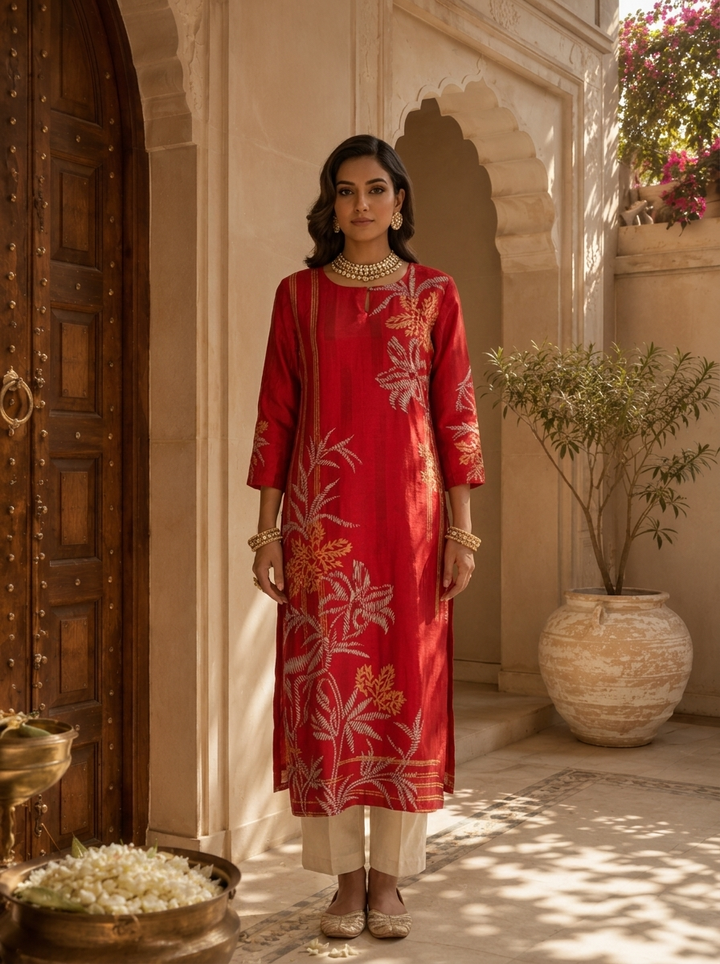 Red Floral and Stripe Design Silk Straight Kurta