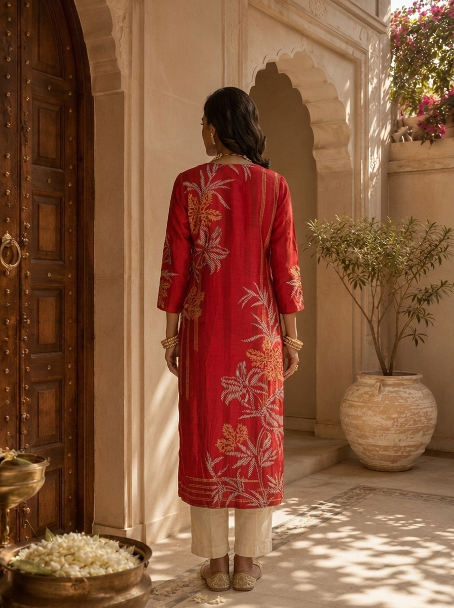 Red Floral and Stripe Design Silk Straight Kurta