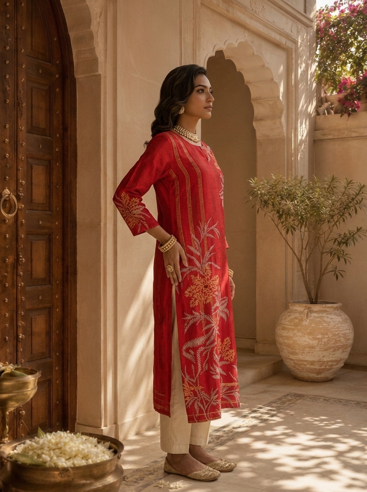 Red Floral and Stripe Design Silk Straight Kurta