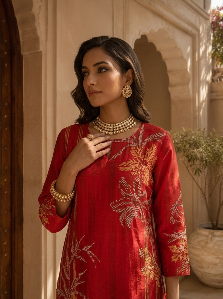 Red Floral and Stripe Design Silk Straight Kurta