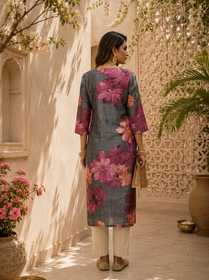 Grey Floral Printed And Solid Silk Kurta