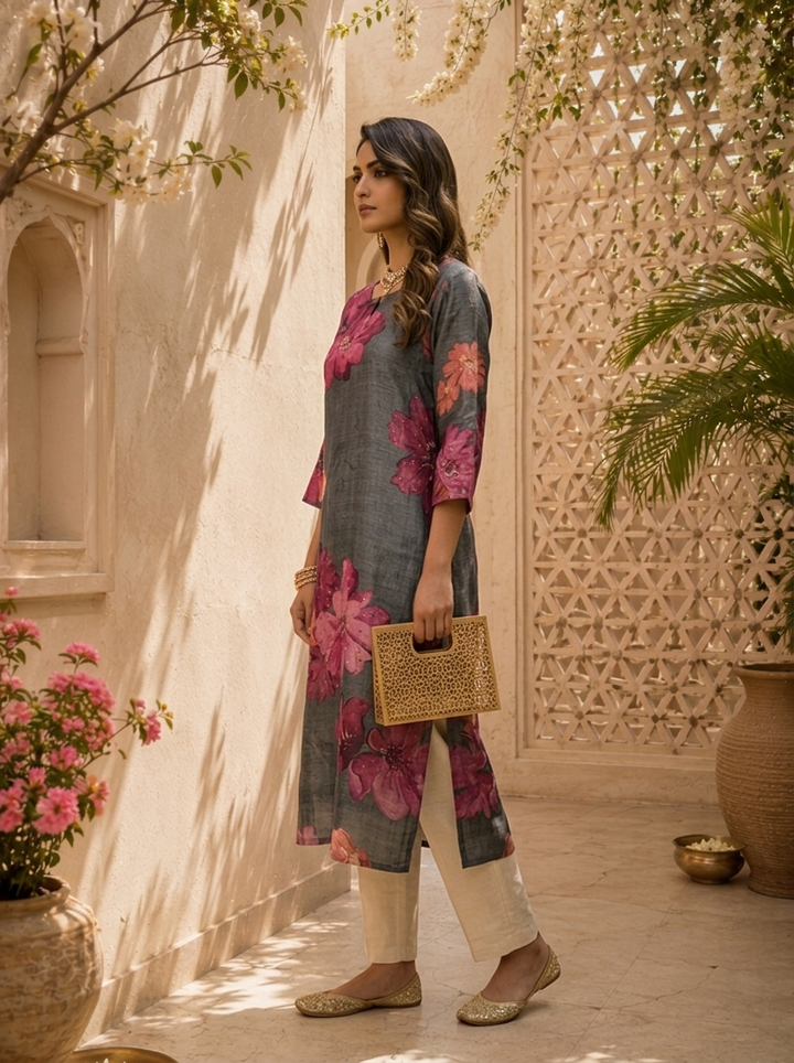Grey Floral Printed And Solid Silk Kurta
