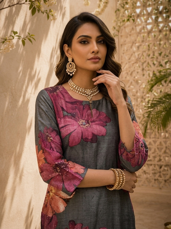 Grey Floral Printed And Solid Silk Kurta