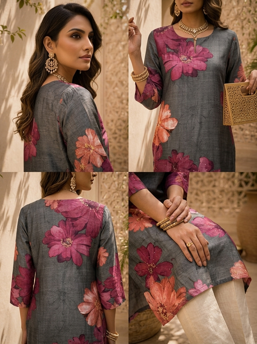 Grey Floral Printed And Solid Silk Kurta