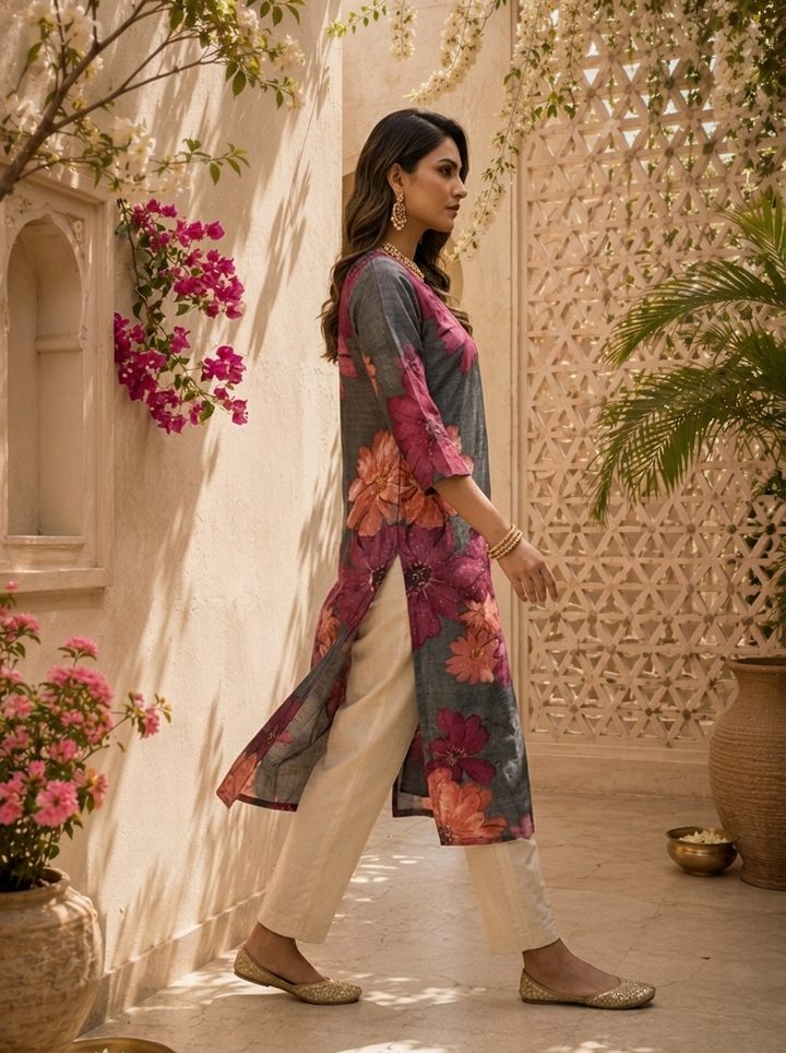 Grey Floral Printed And Solid Silk Kurta