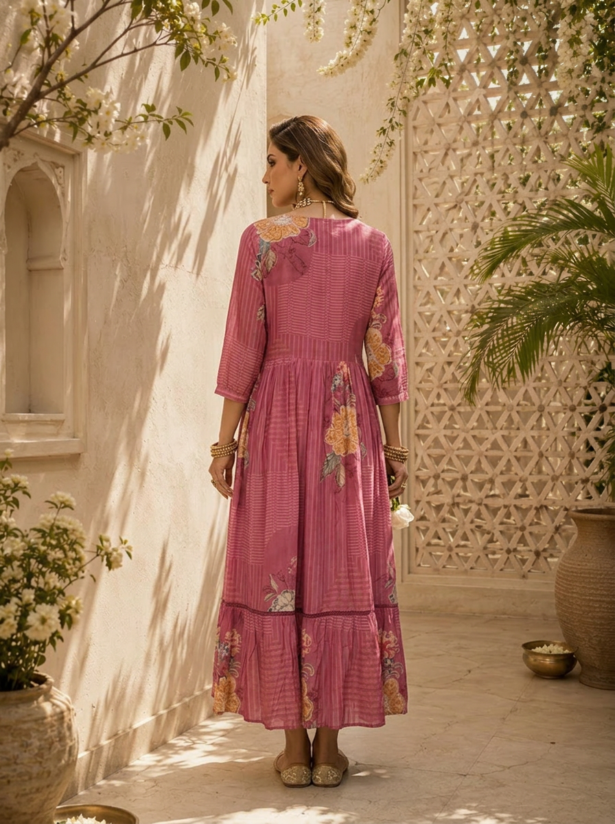 Onion Pink Floral And Stripe Printed Long Dress
