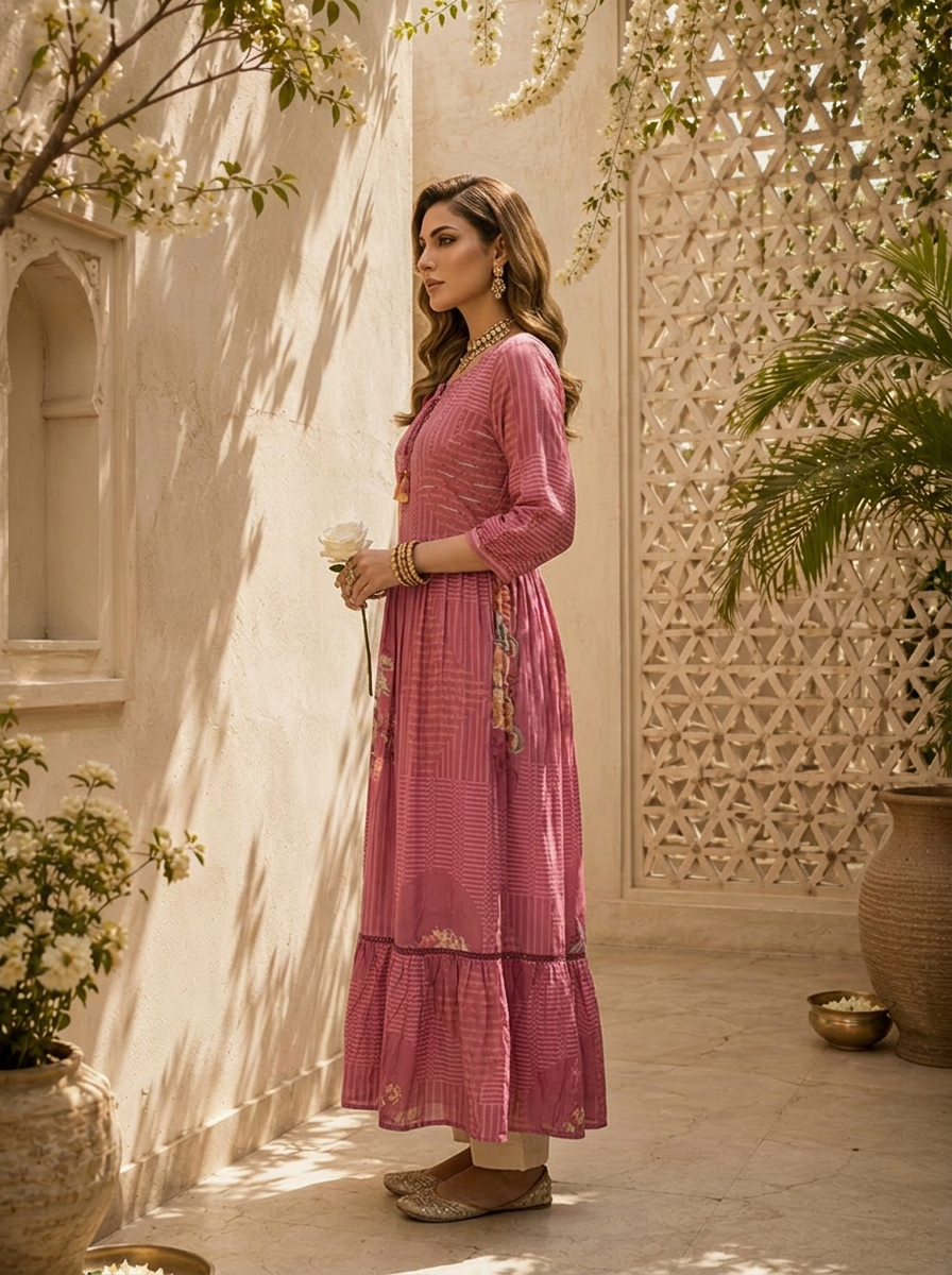 Onion Pink Floral And Stripe Printed Long Dress