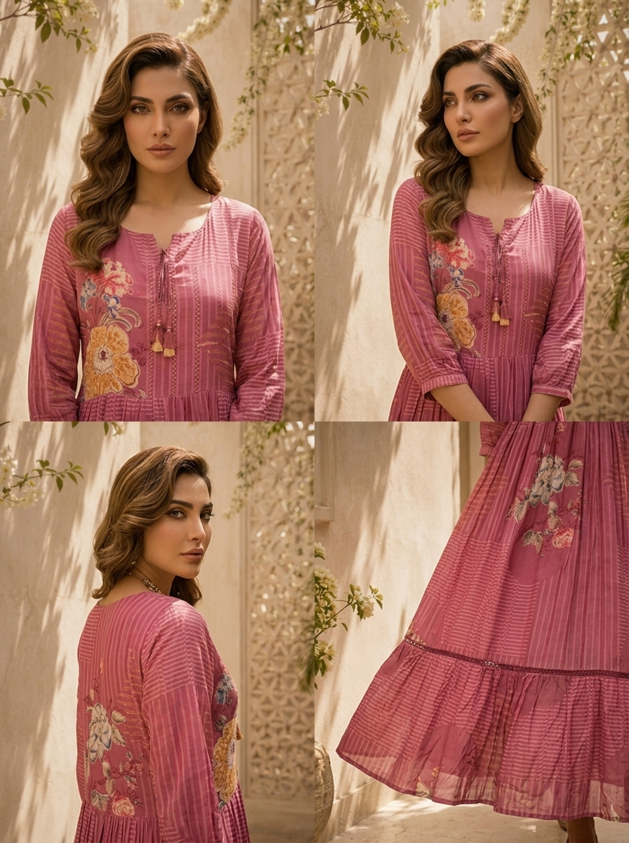 Onion Pink Floral And Stripe Printed Long Dress