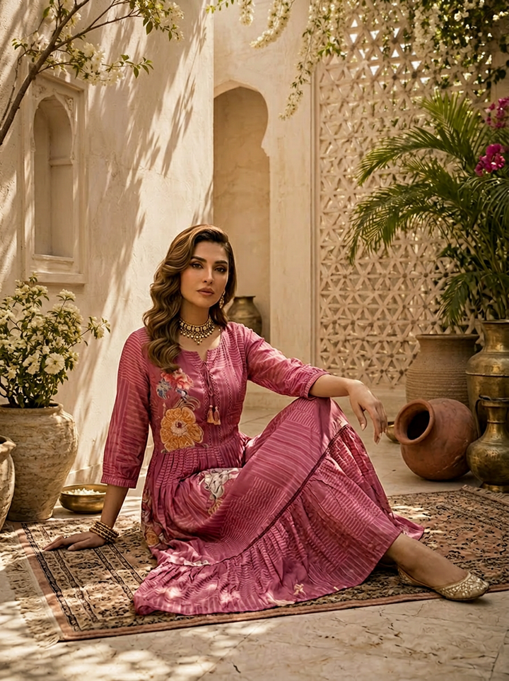 Onion Pink Floral And Stripe Printed Long Dress