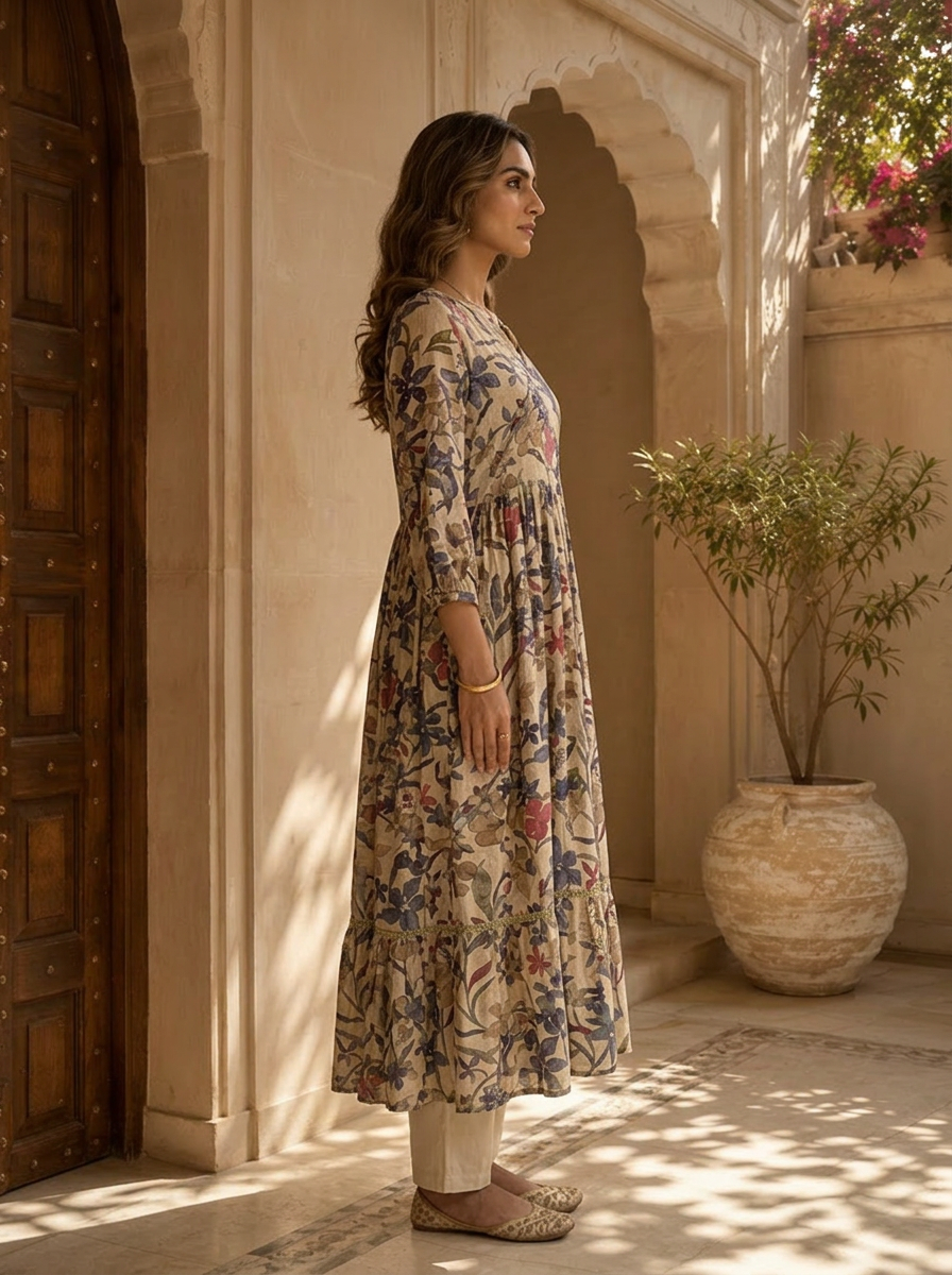 Beige Heavy Floral Printed And Sequins Embroidered Crepe Long Dress