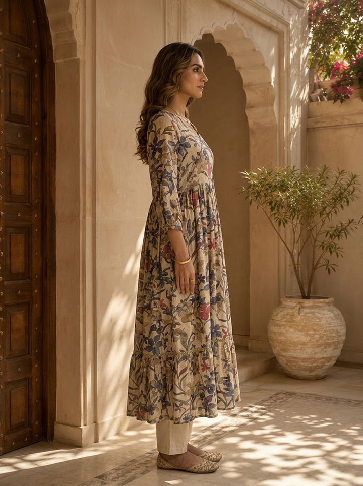 Beige Heavy Floral Printed And Sequins Embroidered Crepe Long Dress