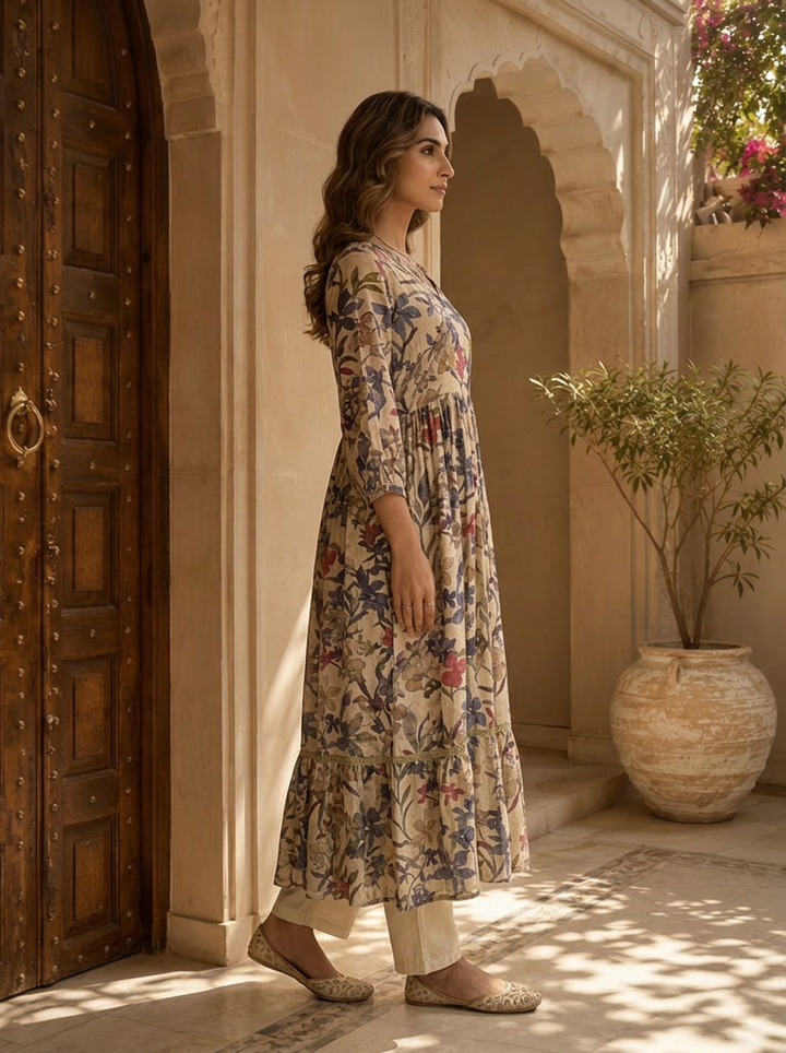 Beige Heavy Floral Printed And Sequins Embroidered Crepe Long Dress