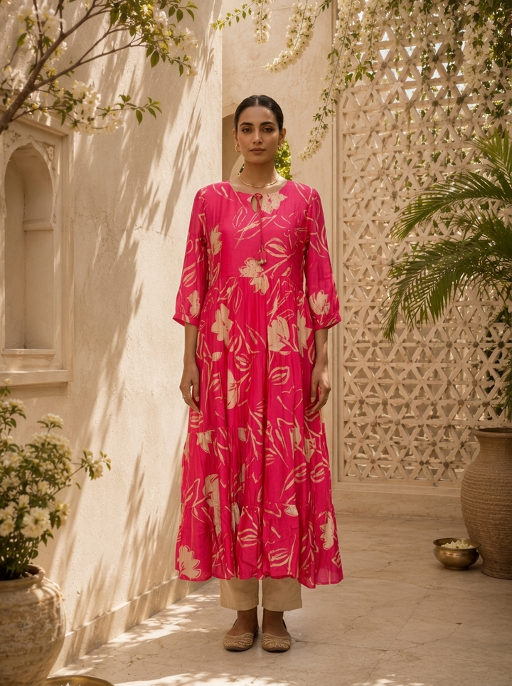 Magenta Floral Printed Muslin Long Dress
