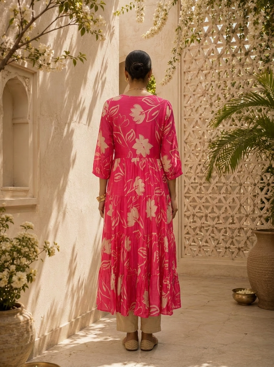 Magenta Floral Printed Muslin Long Dress